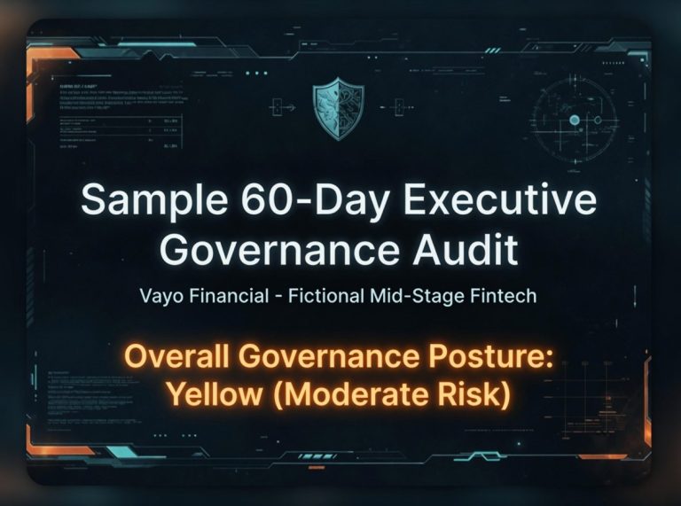 Vayo Financial – Sample 60-Day Executive Governance Audit Sample governance audit report indicating a moderate risk posture in yellow.
